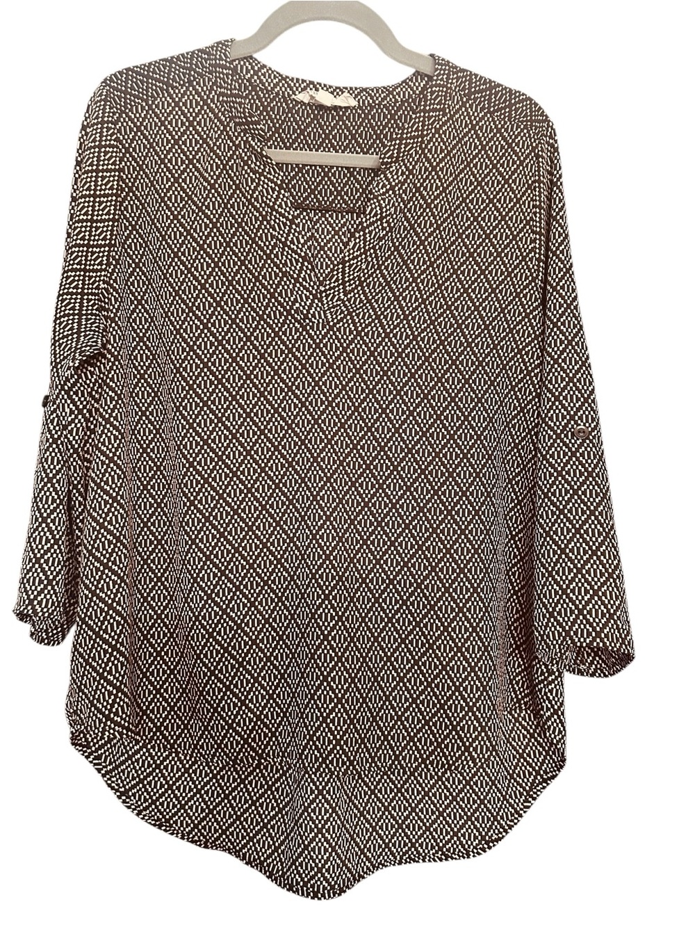 Pink Rose Black Geometric Print Blouse Roll Tab Sleeve Size Large